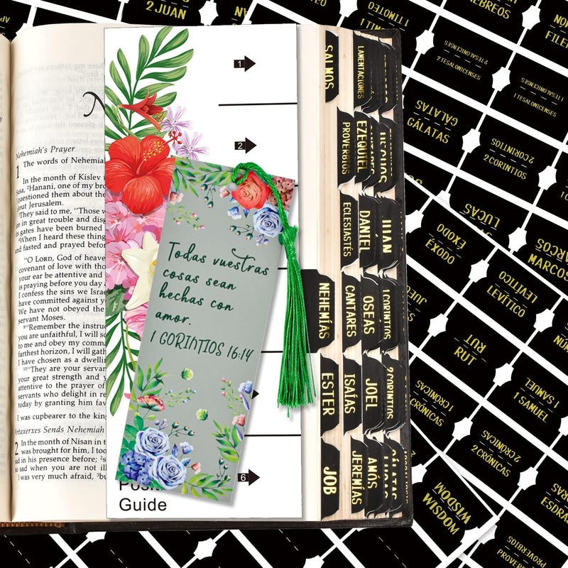 Cualfec Spanish Catholic Bible Index Tabs New & Old Testament Tabs Matte Laminated Floral Design, Bible Journaling Supplies - 122 Pcs (Black - Gold Foil) - Image 1